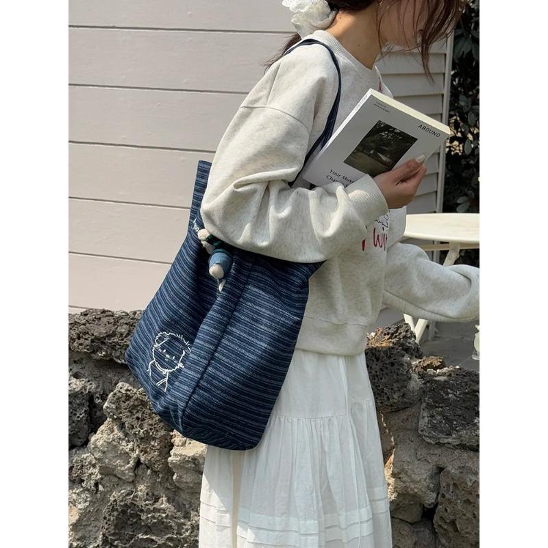 Double-sided Women's Denim Shoulder Bags Carto Embroidery Stripe Ladies Handbags Large Capacity College Girls Book Tote Bag