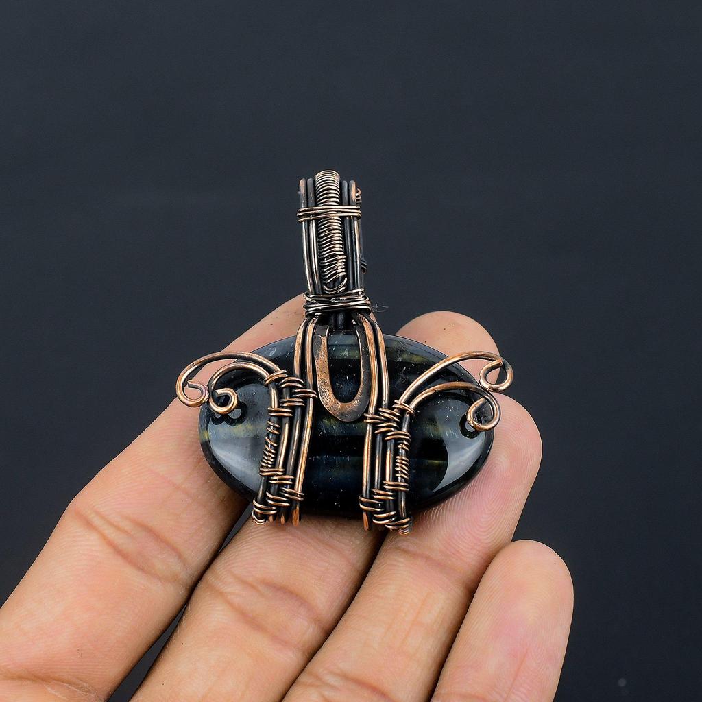 Blue Tiger Eye Pendant, 999 Copper Wire Wrapped Pendant Jewelry. Gift For Women Handmade Pendant Gemstone Jewelry