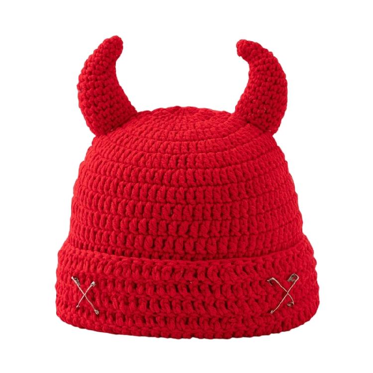 Crochet Horn Cap for Fall Winter Outfits, Brimless Devil Hat with Front Pin Accent for Party Photo Outfit Looks