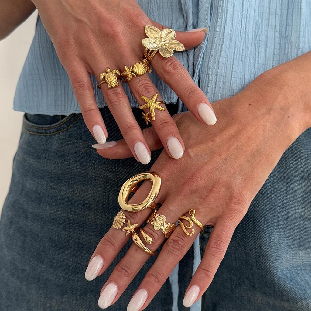 9pcs Set Exaggerated Personality Metal Flower Starfish Turtle Opening Stackable Rings Set for Women Finger Jewelry Sets Gifts