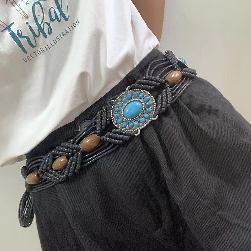 Bohemian Alloy Turquoise Resin Bead Woven Waist Rope for Women