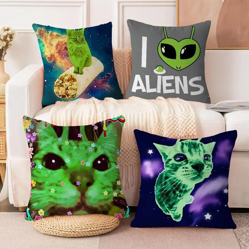 Cute Funny Green Alien Cat Pillow Cover Design Cushion Cover Decor Holiday Decorati