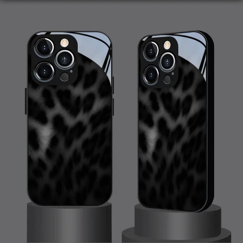 Black Gray Leopard Print Tempered Glass Phone Case For iPhone 11 12 13 14 15 16 17 Pro Max 17 Air 7 8 Plus XS X Shockproof Cover