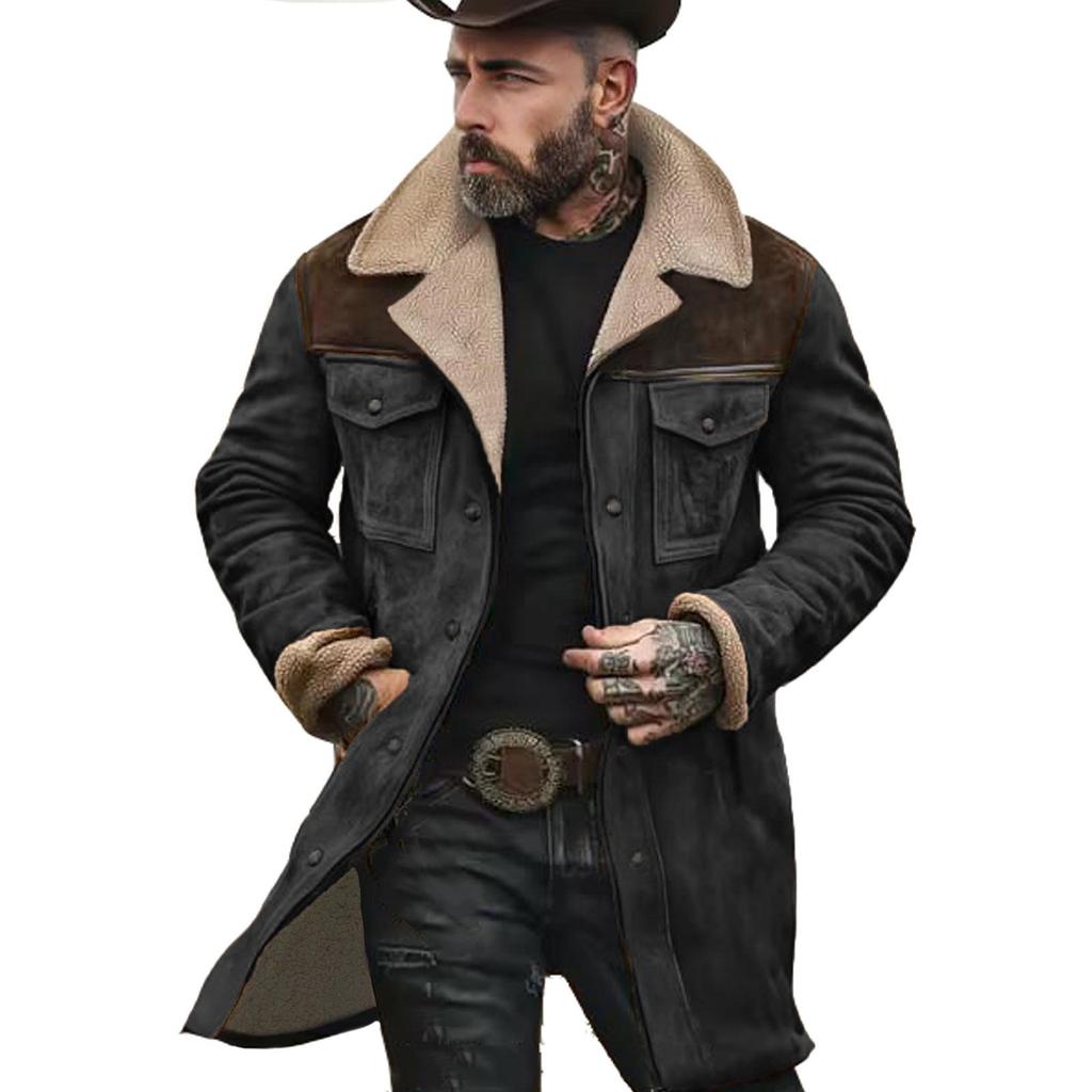 European & American 2025 Autumn/Winter Men's Suede Plush Color Block Multi-pocket Zipper Jacket