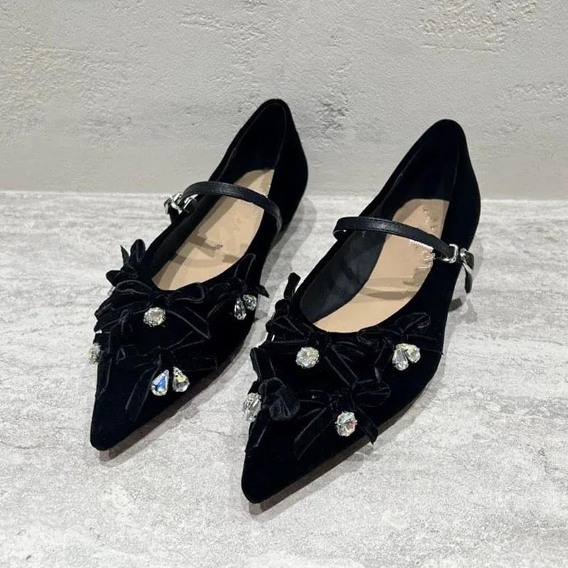 Mode Kristall Damen Mary Jane Schuhe Spitze Zehe Schleife Ballerinas Sandalen Sommer 2025 Luxus Kleiderschuhe Elegant Party Slipper Mujer Zapatos