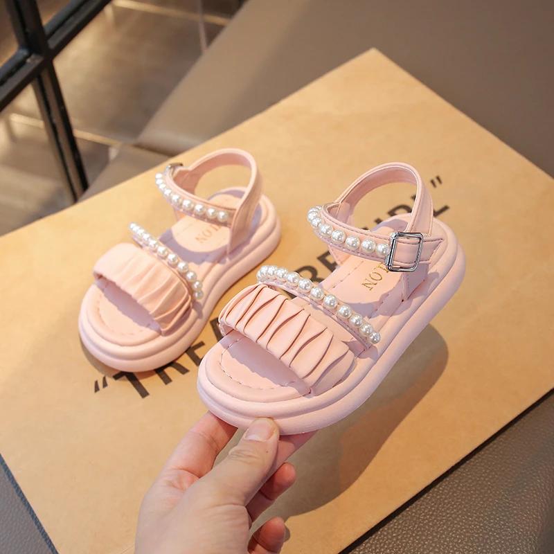 

Girls Sandals Pleated Ins Trendy Kids Princess Shoes Beads Sweet Soft Sole Summer New Children Beach Shoes Open Toes Cute 37