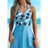 Women's Daisy Print Halter V-Neck Drawstring Skirted Two-Piece Swimsuit