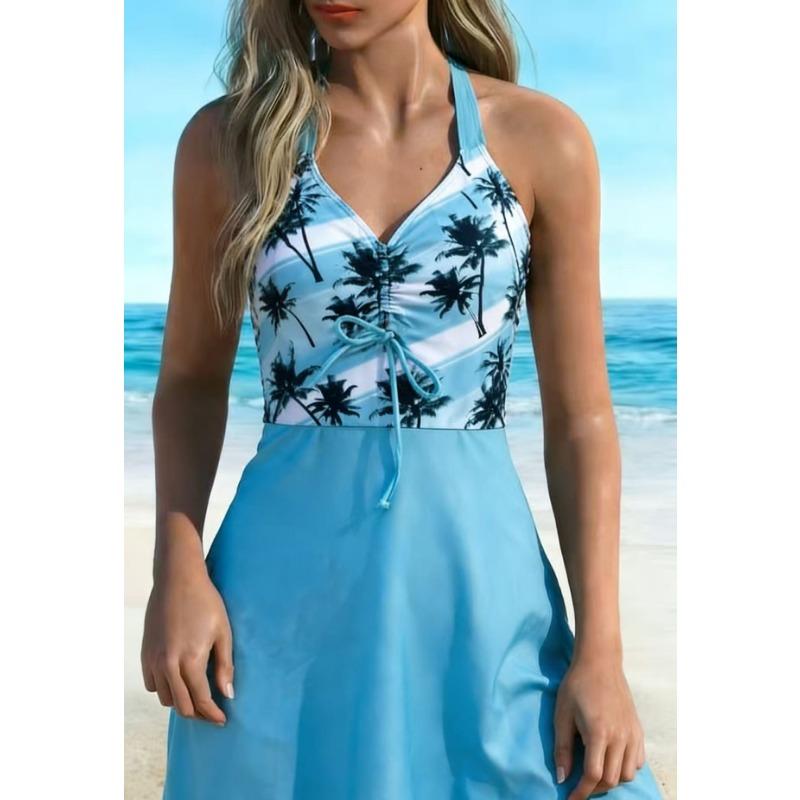 Women's Daisy Print Halter V-Neck Drawstring Skirted Two-Piece Swimsuit
