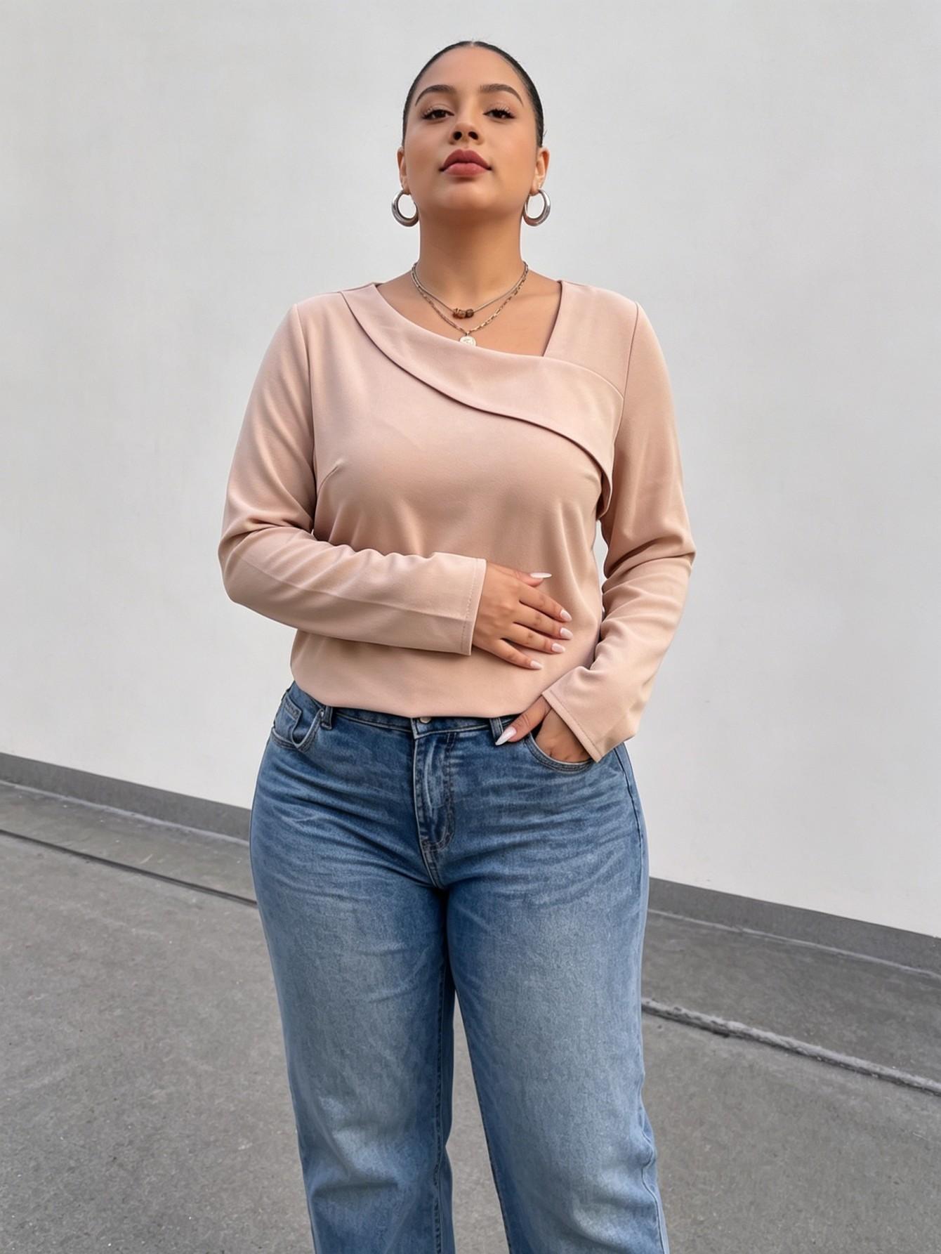 TikTok Internet celebrity large size naked pink diagonal collar top, asymmetrical design long-sleeved commuter shirt, foreign trade women s clothing 1XL