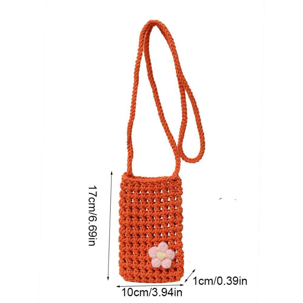 Sweet Flower Weaving Crossbody Bag Hollow Square Crochet Phone Bag Solid Handmade Knitted Messenger Bag Outdoor