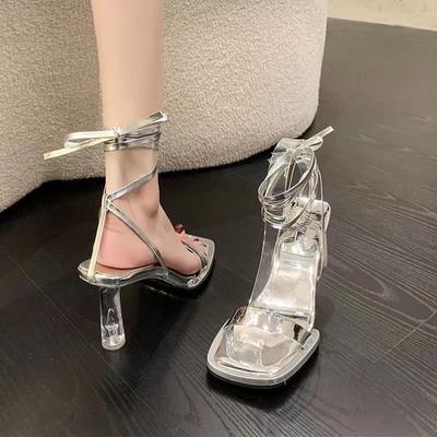 Modische Riemchensandalen Damen 2024 Neu Sommer Silber Hohe Absätze Damen Sandale Transparenter Absatz Designer Sandalen Damenschuhe