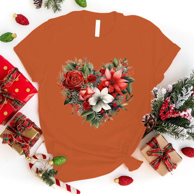 Christmas Flower Love Printed T-Shirts For Women Summer Tee Shirt Femme Casual Short Sleeve Round Neck Tops T-Shirts