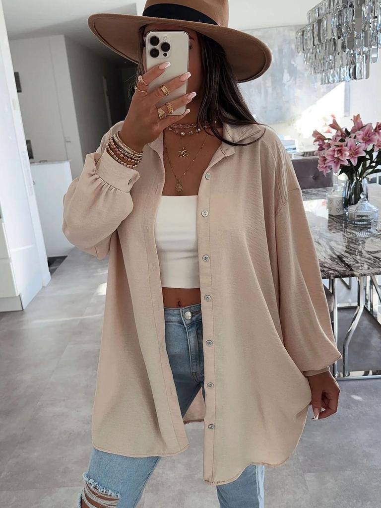 2024 Women's Solid Color Loose Casual Button-Down Shirt