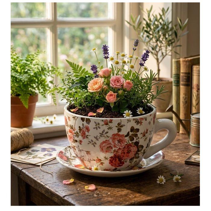 Vase / pot de fleurs (tasse) - EDEN - 15x20 cm - Céramique - Motif floral - Rose