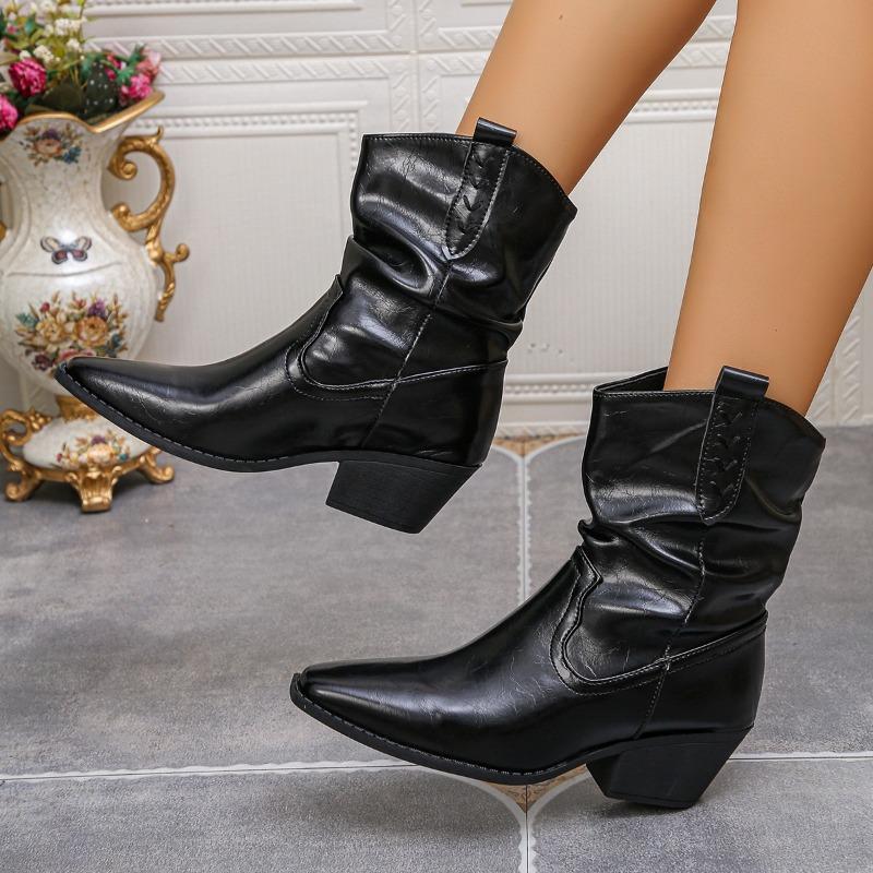 

British thick heel short boots women s autumn new fashion pointed temperament stacking boots premium black martin boots 42 чёрный