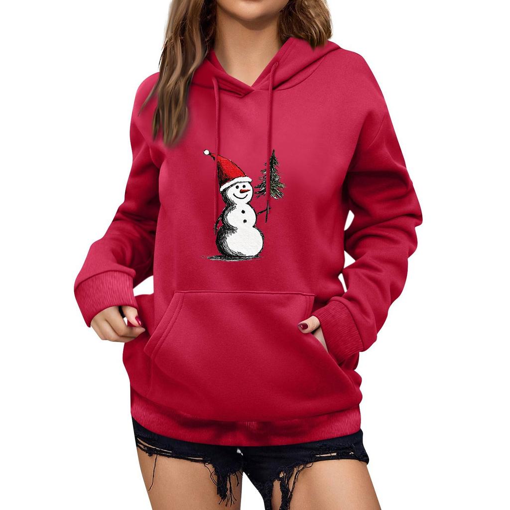 Women's Winter Christmas Printed Pullover Hooded Sweatshirt Fleece Long Sleeve Sweatshirt