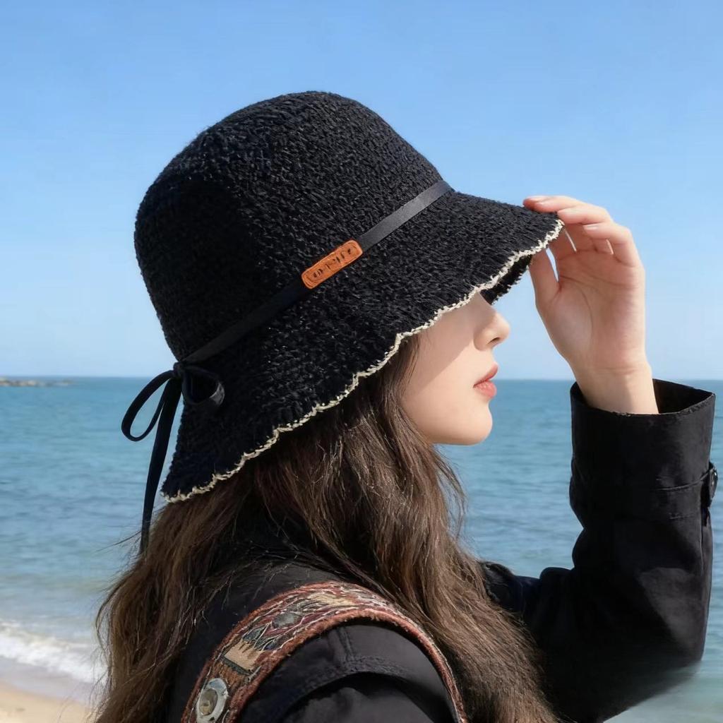 Small Standard Bucket Hat Female Korean Version Tide Brand Spring and Summer Knitted Bucket Hat Japanese Streamer Retro Lace Pot Hat Versatile