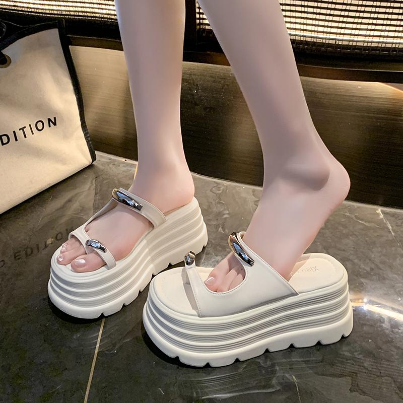 Fashion 2025 New Summer Platform Wedges Slippers 8CM Heels Peep Toe Sandals Ladies Beach Flats Shoes Women Moccasins Leather Flip Flops