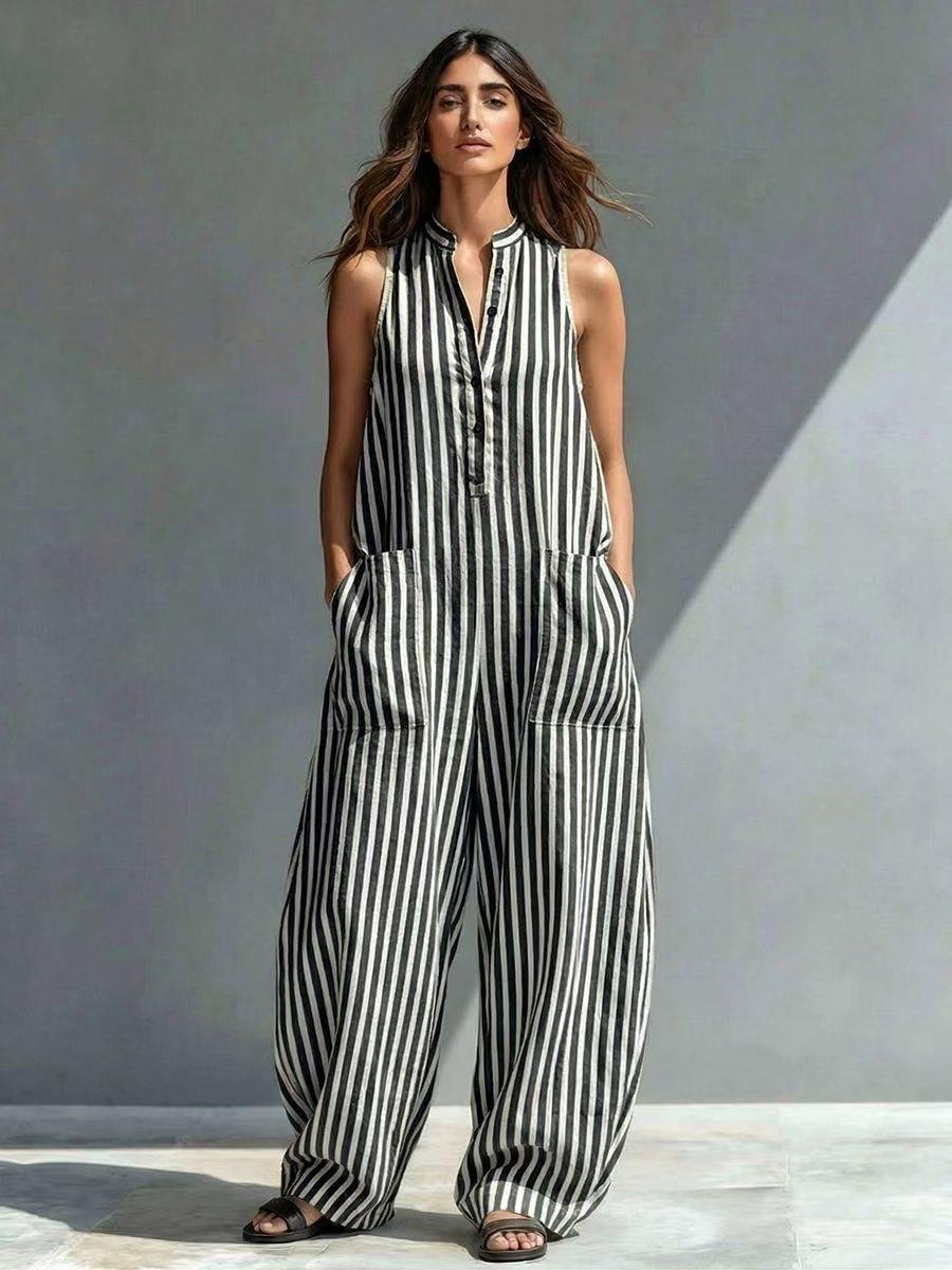 Loose Casual Striped Sleeveless Women Wide Leg Jumpsuit S чёрный