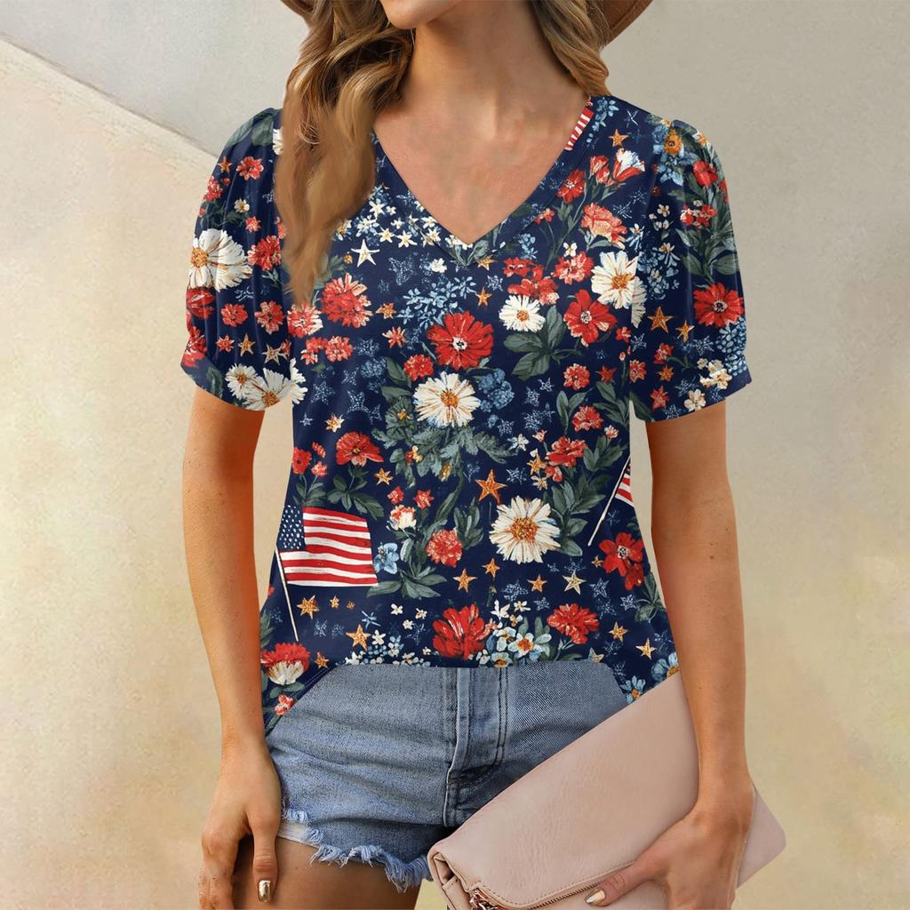 Women's Fashion Independence Day Print Top Puff Short Sleeve V-neck T-shirt Loose Casual T-shirt