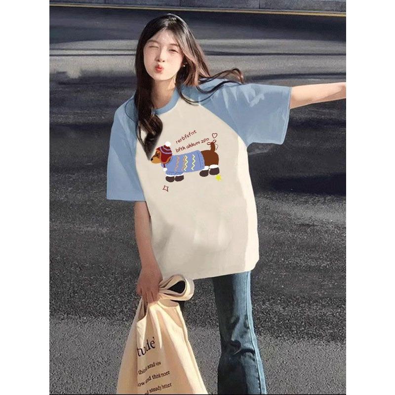 Loose Large Color-blocked Rotator Sleeve Rag-sleeved Short-sleeved T-shirt for Women In Spring and Summer Korean Style Design Top