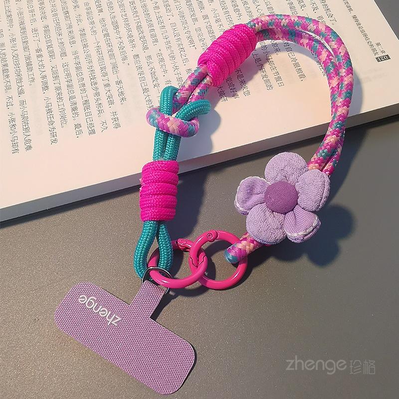 

Flower mobile phone lanyard women s wrist short thumb ring braided rope outdoor anti-lost travel mountaineering rope anti-theft portable purple, pink and green