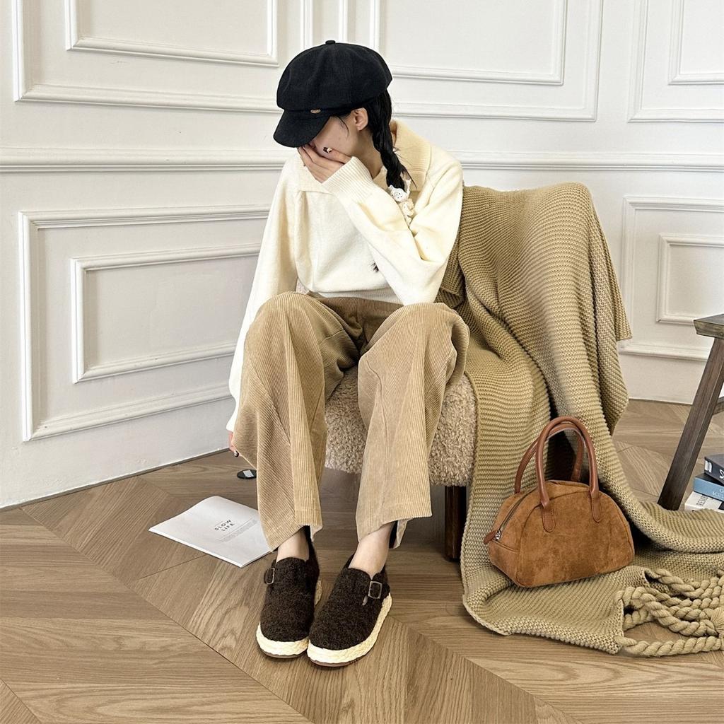 2025 autumn and winter new round head inner hemp woven wedge heel matte fur belt buckle wedge heel women's single shoes