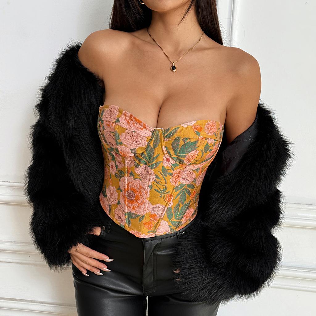 European and American style women's clothing French retro jacquard oil painting color fish bone slim vest lace-up corset women