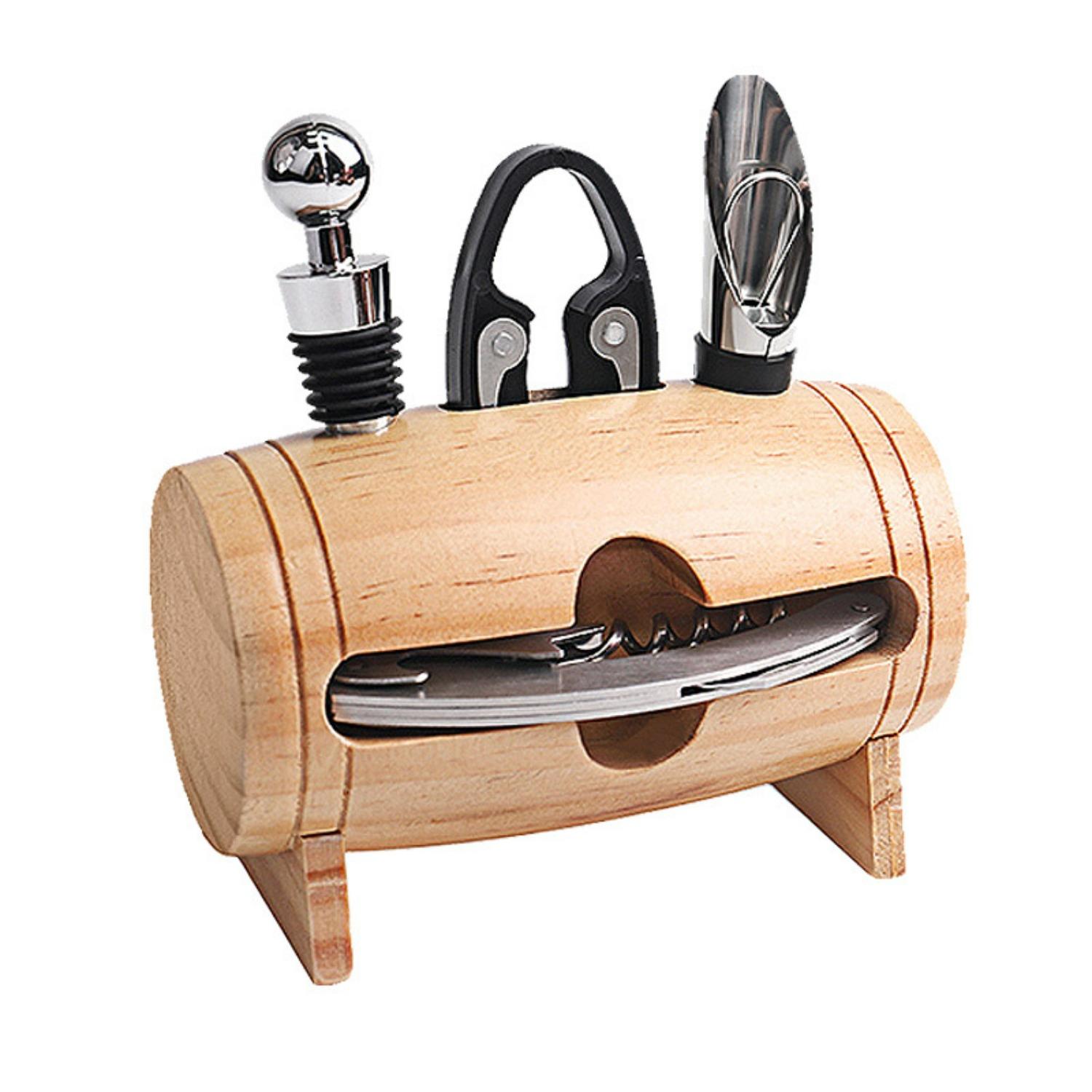 Wine Opener Set 5 Piece Barrel Shaped Bamboo Storage Kit With Corkscrew Stopper Pourer Wine Ring For Home Bar Wine Serving Dinner Dances Parties CC003