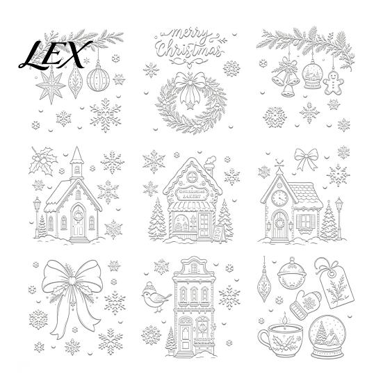 Christmas Party Window Ornaments 9Pcs Clings, Static Glass Stickers, Reusable White Line Hand-Painted Decals Electrostatic Film for Holiday