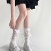 Japanischer Stil Schimmerndes Netz Spleißende Gerippte Über die Wade Socken für Damen Mädchen Niedliche Schleife Schleifenknoten Lange Strümpfe