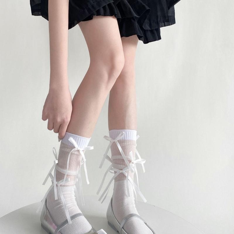 Japanischer Stil Schimmerndes Netz Spleißende Gerippte Über die Wade Socken für Damen Mädchen Niedliche Schleife Schleifenknoten Lange Strümpfe