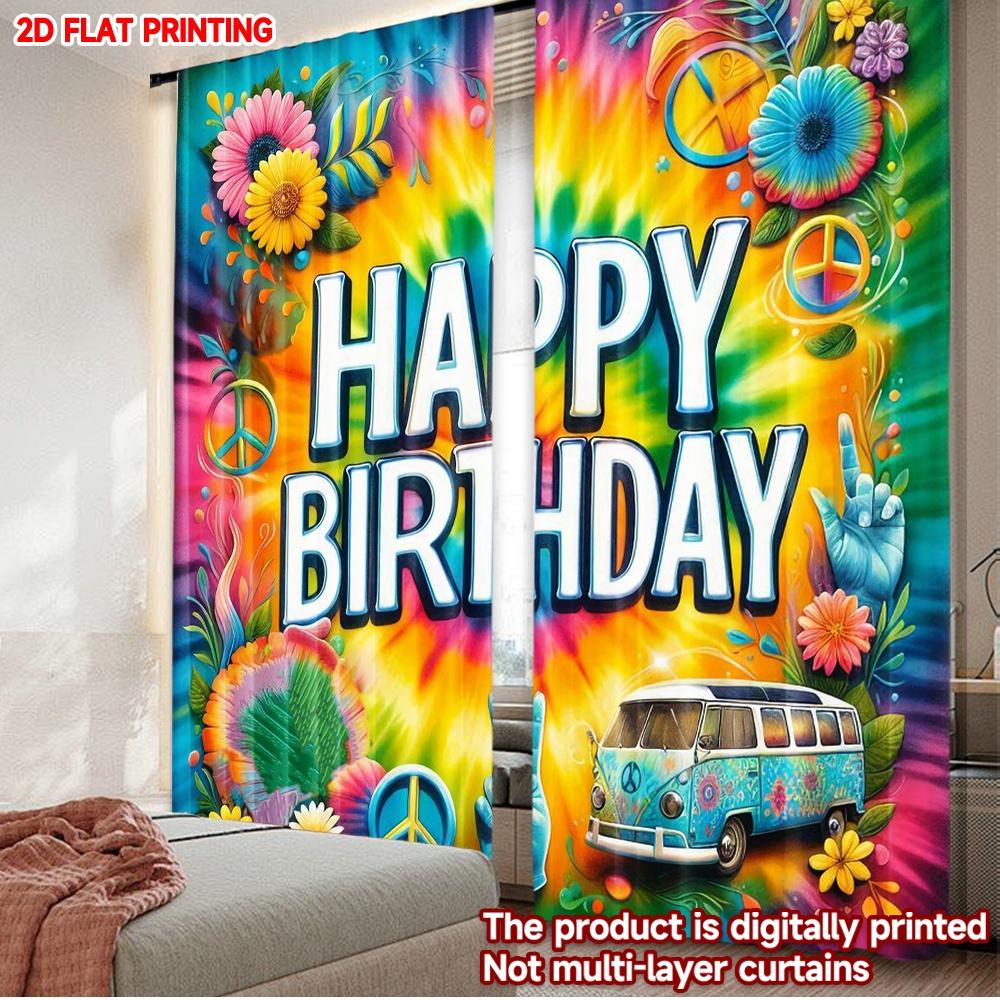 2D Flat Printing 2pcs Curtains Birthday Tie-Dye Celebration Digital Printed Polyester Drapes Family Party Decoration Perfect for
