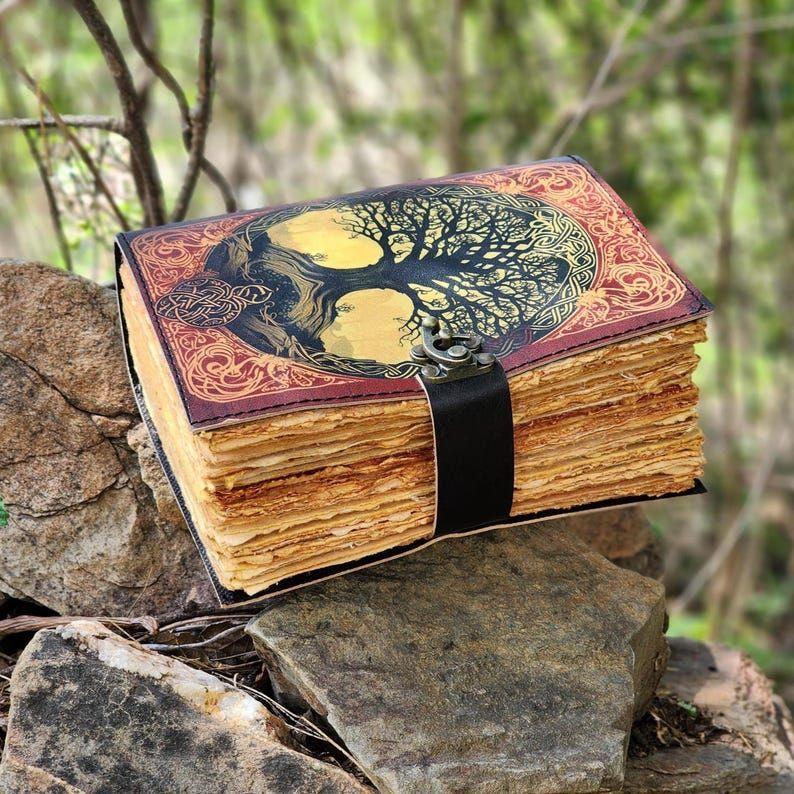 Grimoire Leather Journal, Tree Printed Leather Cover, Blank Spellbook Of Shadows, Sketchbook. Wedding Guest Book