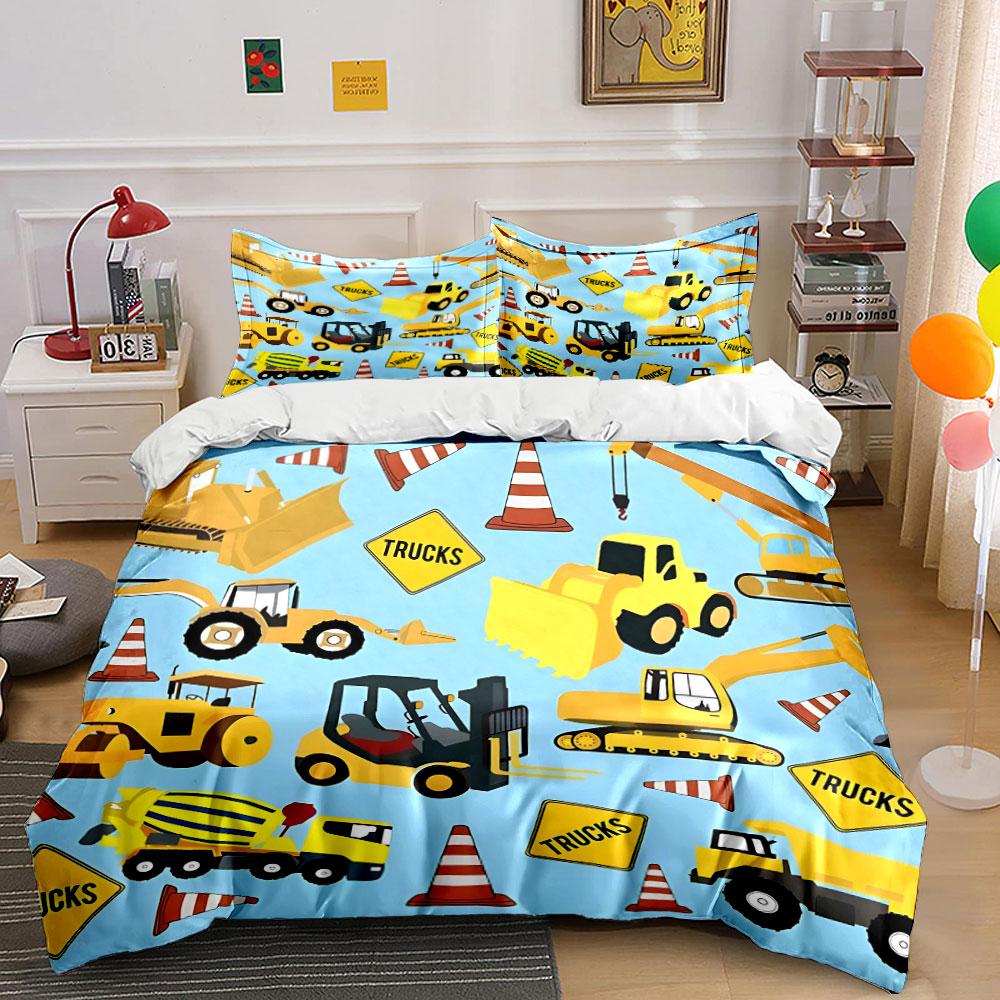 Construction Vehicle Themed Decorative Set Kid'S And Adults' Bedroom Decor, Exquisite Three-Piece Bedding Set Gift