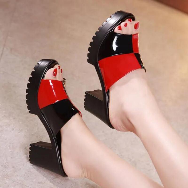 2025 Patent Leather Platform Slides Sandals Summer Peep Toe Shoes Elegant High Heels Slippers Women Party Office Footwear