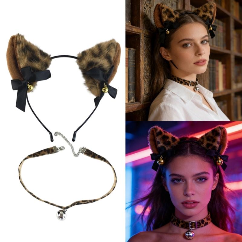 Leopard Cats Ears Headband with Bells Collar Set Cats Costumes Accessories for Women Halloween Cosplay Party Costumes