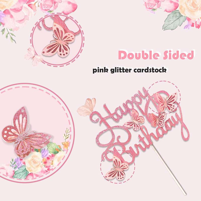 13 Stück Rosa Schmetterling Kuchen Topper Happy Birthday Kuchen Topper 3D Schmetterlingsdekorationen für Mädchen Shower Geburtstagstortendekorationen