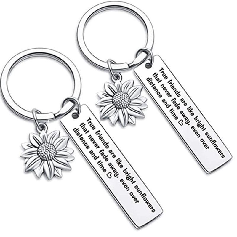 Sunflower Stainless Steel Keychain True Friends Friendship Design Stylish Bag Charm Practical Daily Gift for Friends
