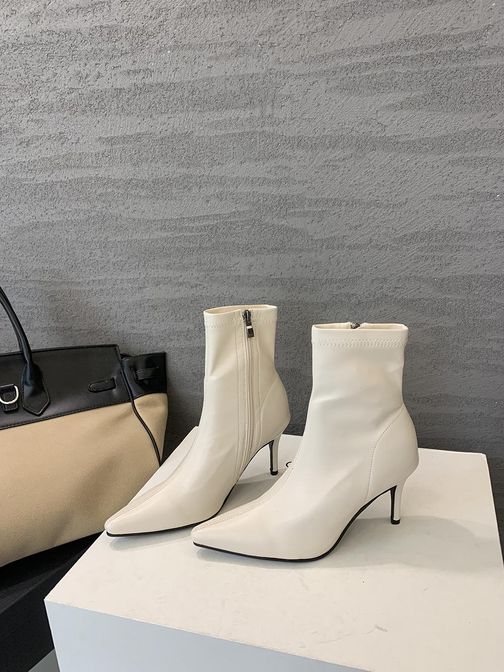 

Мода Черный Бежевый Белый Женские Ботильоны Боковая Молния Зимние Короткие Сапоги Женские Тонкие Высокие Каблуки Боковая Молния Челси Носки Ботас Женские 225 белый