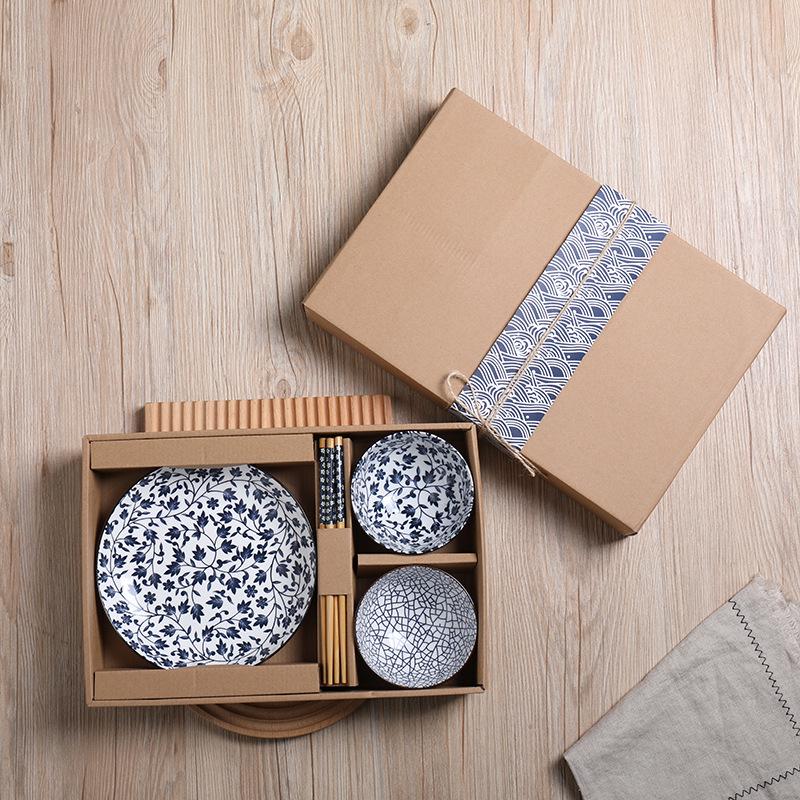 Juego de Vajilla de Porcelana Azul y Blanca Japonesa - Cuencos y Platos de Cerámica Caja de Regalo