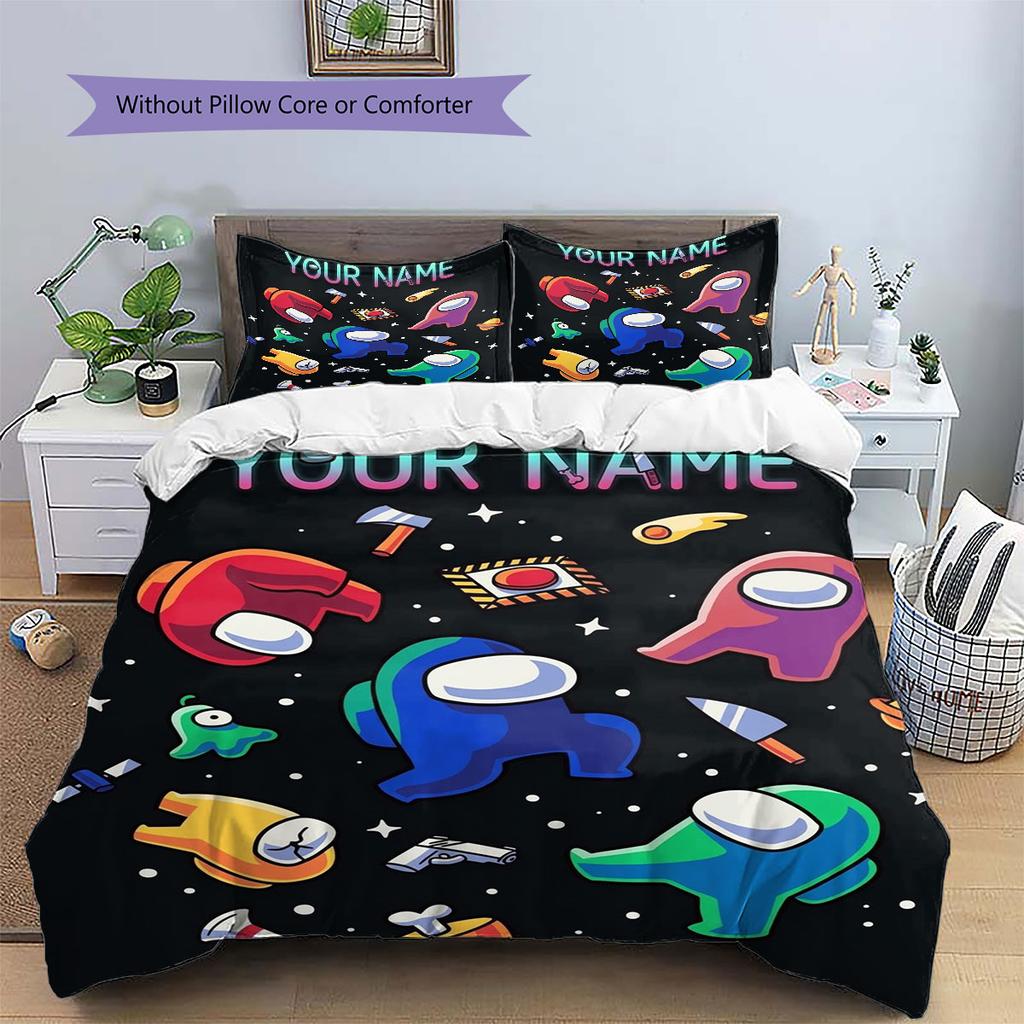 Among Us Custom Name Pattern Bedding,Quilt Set Quilt Cover Pillowcase Home Birthday Gift(1 * Duvet Cover + 2 * Pillowcase, Without Core)