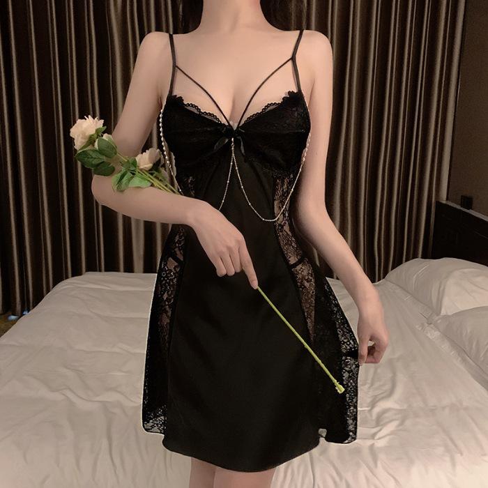 Sexy Pyjamas Damen Eis Seide Sommer Neue Modelle mit Brustpolstern, Spitze Ausgeschnitten, Reiner Verlangens-Stil Träger Nachthemd, Zweiteilige Loungewear