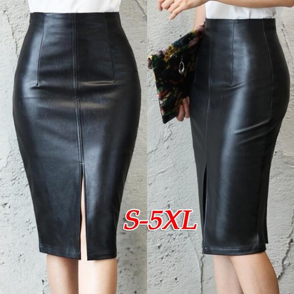 Dámská PU kožená midi sukně Podzim Zima Dámská obepínající boky Přední nebo zadní rozparek Pouzdrová sukně