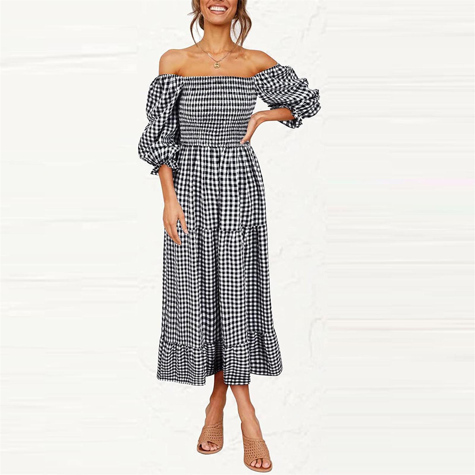 

Модное женское удобное повседневное платье с круглым вырезом и короткими рукавами в клетку L чёрный