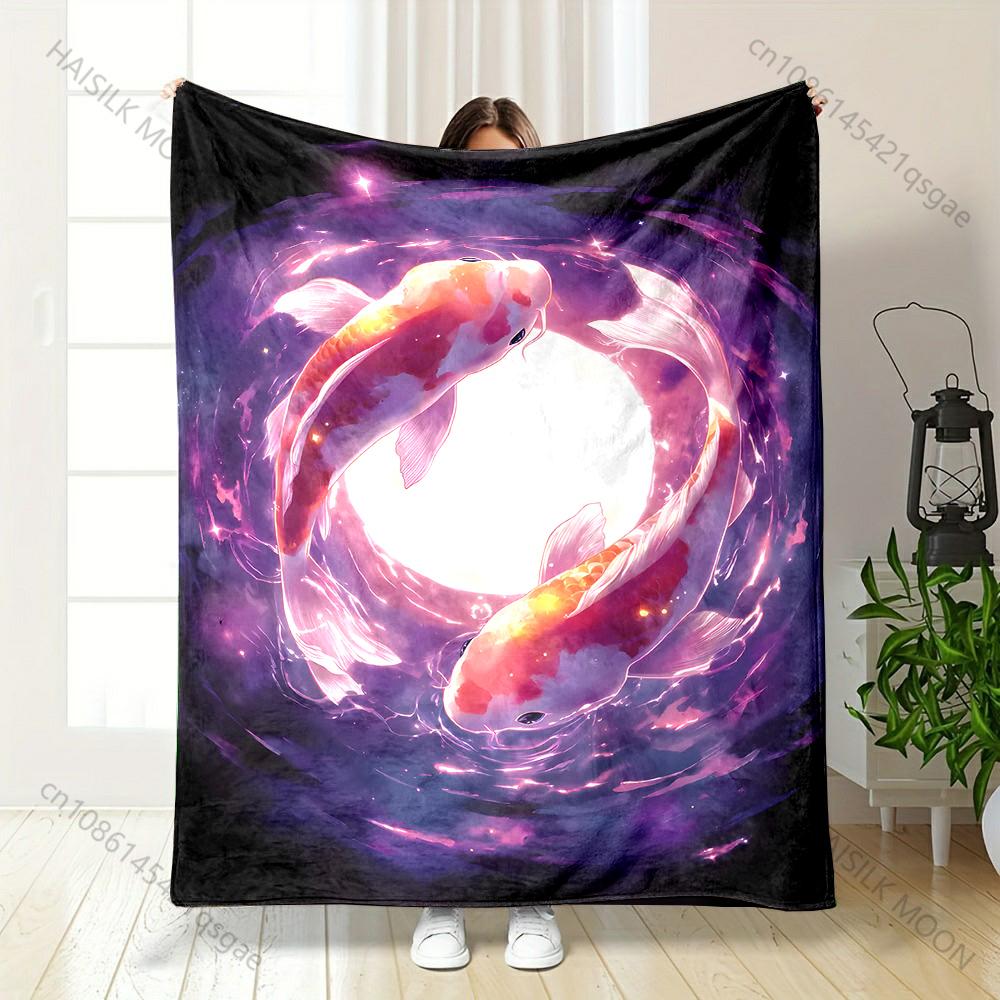 

1PC Two koi circling moon Print Adult Children Warm Blankets Home Travel Car Soft and Comfortable Suitable for all seasons 75x90cm