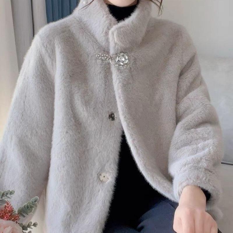 New imitation mink velvet autumn and winter clothing temperament jacket stand-up collar fur integrated leather short thickened women