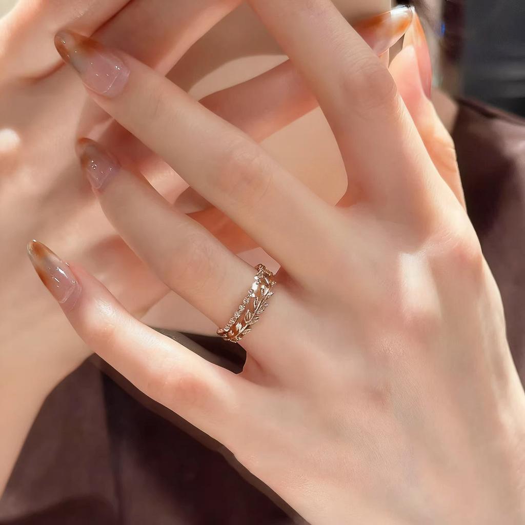 Creative Inlay Diamonds Stacking Style Double Layered Leaf Ring for Women Simple Wave Gloss Ring Adjustable Party Jewelry Gift