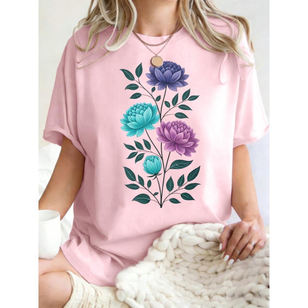 Aesthetic Flowers Branches Design Women T Shirt Oversized Casual Crewneck Top Cotton T-Shirt Breathable Y2K Clothing