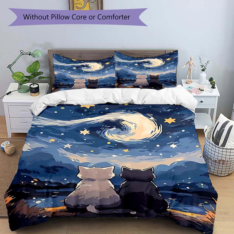 3pcs Two Cats Under the Starry Sky Quilt Cover Set (1 Quilt Cover + 2 Pillowcases Without Pillow Core) 135x200cm